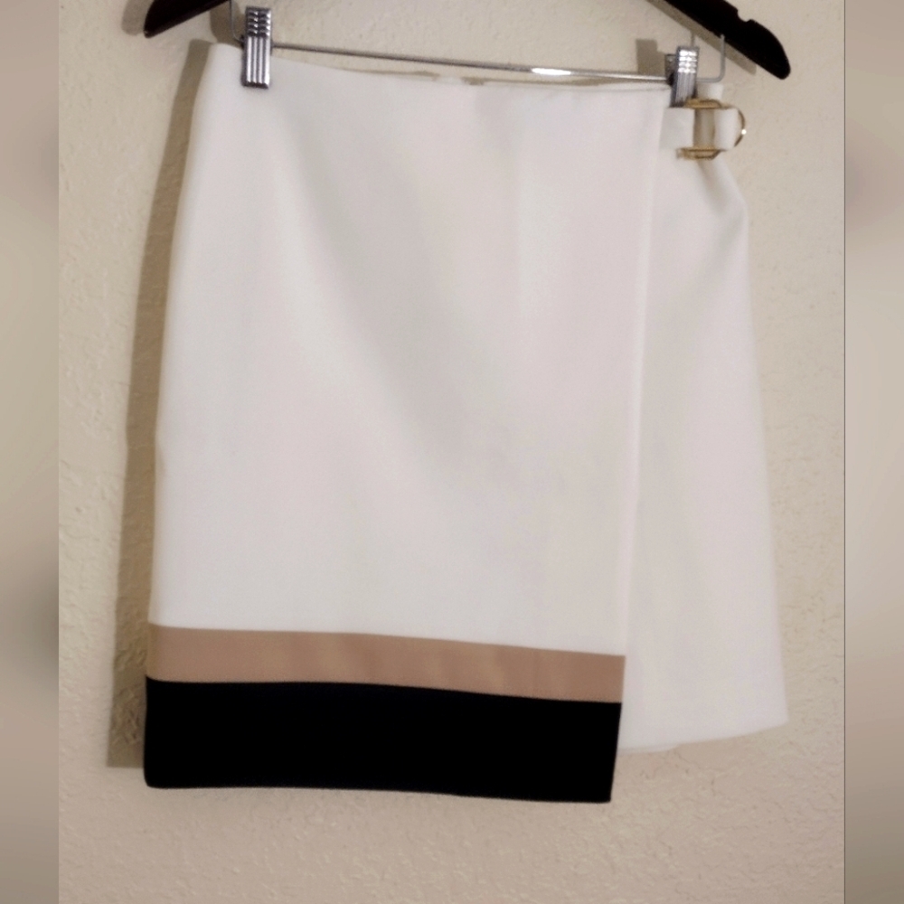 White House Black Market Ivory Tan Black Color Block Wrap Pencil Skirt - Picture 5 of 10
